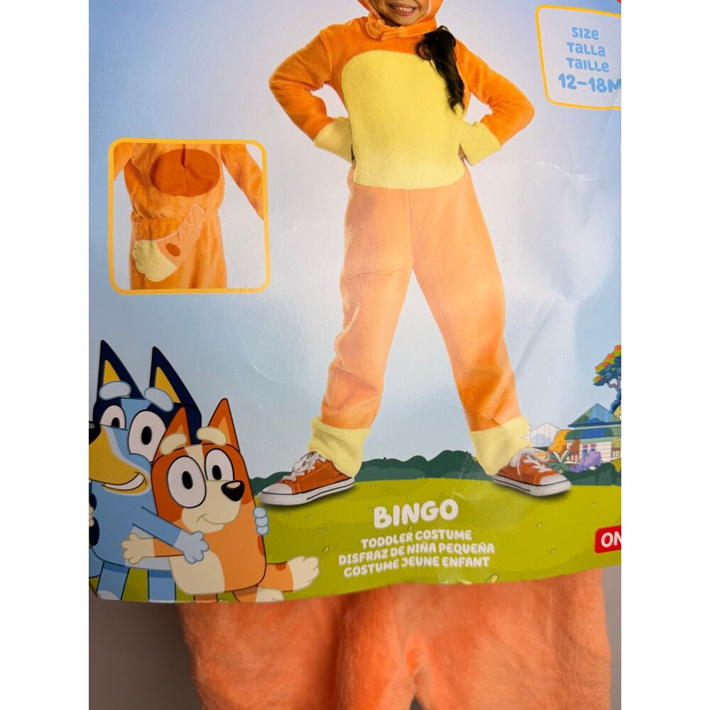 Bluey Bingo Toddler Costume 12-18 Months Plush Jumpsuit Hood Halloween NWT - Picture 2 of 4